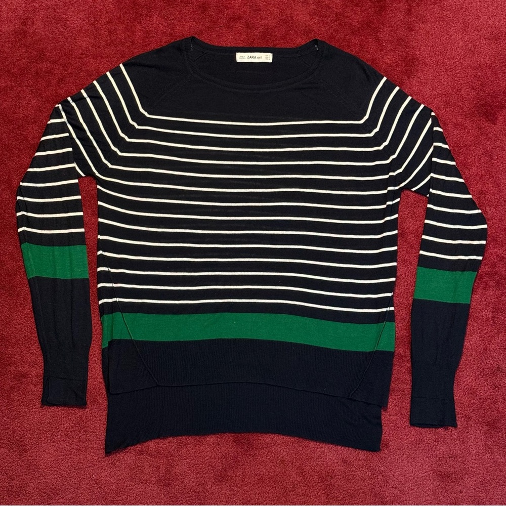 Zara Knit Women’s Crewneck Sweater - Navy, White, and Green Stripes Small